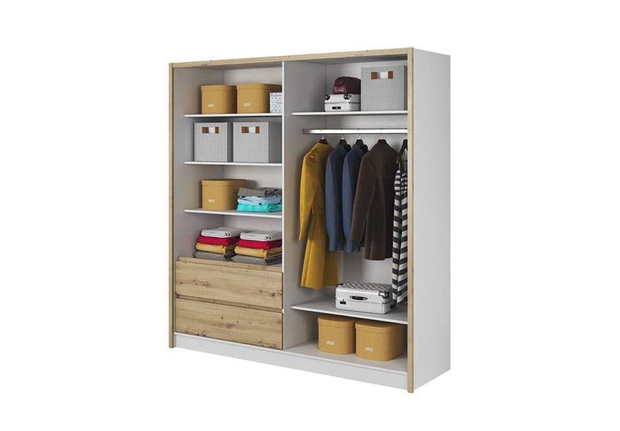 CHOICEWARDROBE Soren 204cm sliding wardrobe with Oak Artisan frame, white panels, two drawers, shelves and hanging space.