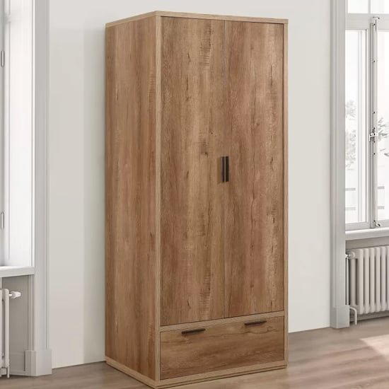 CHOICEWARDROBE Stock 80cm 2 door wardrobe in rustic oak finish with dark handles and bottom drawer.