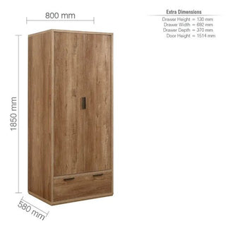 The CHOICEWARDROBE Stock 80cm 2 Door 1 Drawer Wooden Wardrobe in rustic oak finish offers compact, modern bedroom storage. It measures 1850mm high, 800mm wide, and 580mm deep. Drawer and door sizes are detailed in the right-side image.