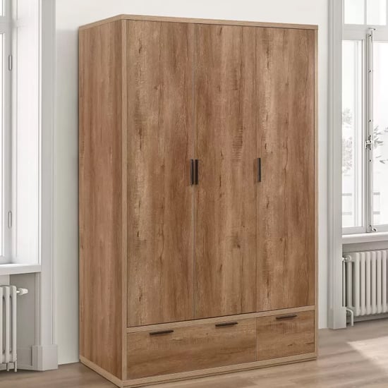 ChoiceWardrobe Stock Wooden Wardrobe in Rustic Oak - 3 doors, 2 drawers front view.