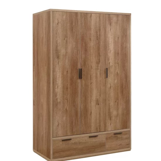 Rustic oak 3 door wardrobe with two drawers by CHOICEWARDROBE, angled view showing wood grain and handles.