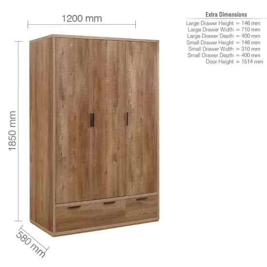 ChoiceWardrobe 120cm Rustic Oak wardrobe with 3 doors and 2 drawers, showing dimensions 1850mm H x 1200mm W x 580mm D.