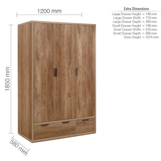 Technical dimensions for ChoiceWardrobe Stock 120cm Rustic Oak wardrobe – 3 doors and 2 drawers layout