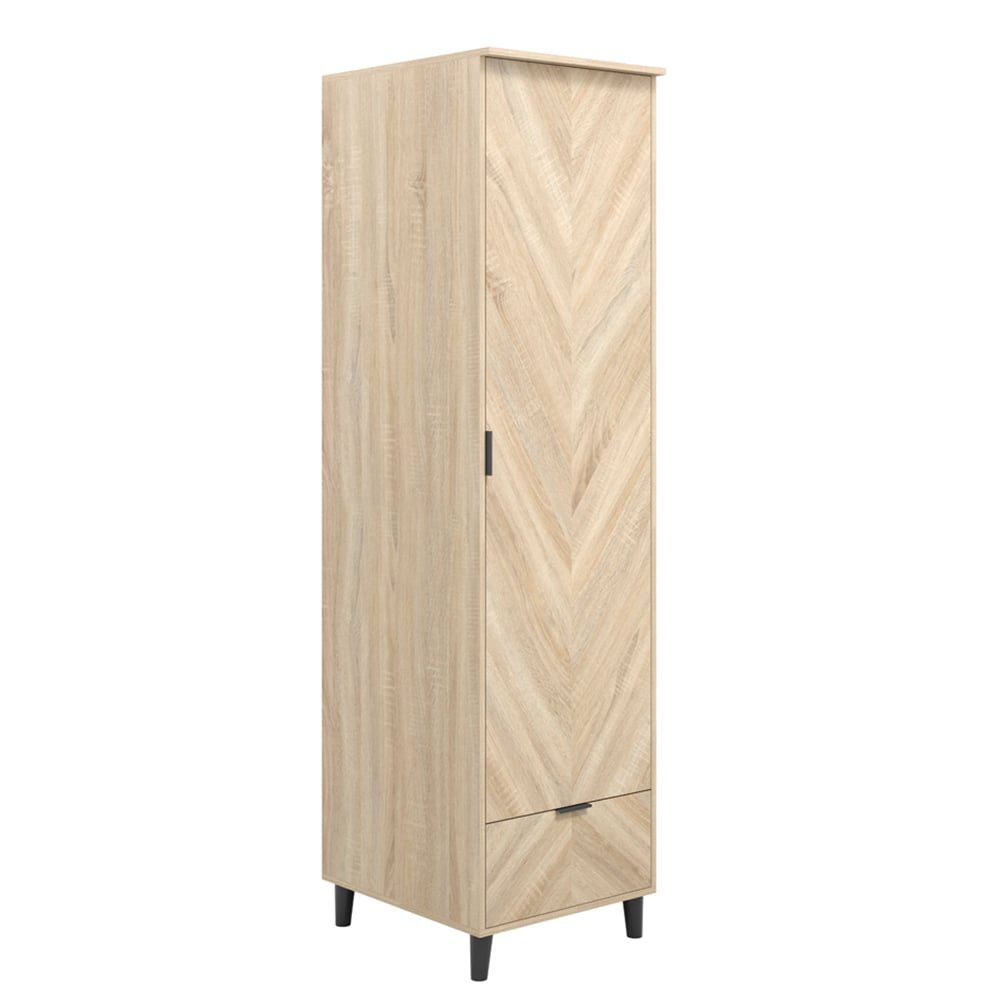CHOICEWARDROBE 1 door wooden wardrobe, natural oak chevron finish, with drawer and black legs