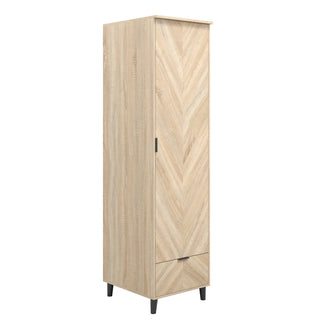 The CHOICEWARDROBE Stockholm 1 Door Wooden Wardrobe features a modern chevron design, natural oak finish, bottom drawer, and stands on black legs—measuring 50cm wide for Scandinavian style.