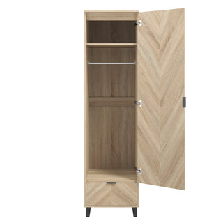The CHOICEWARDROBE Stockholm 1 Door Wooden Wardrobe features a modern chevron design, natural oak finish, drawer, and stands on black legs. Sized at 50cm, it offers stylish Scandinavian storage for your space.
