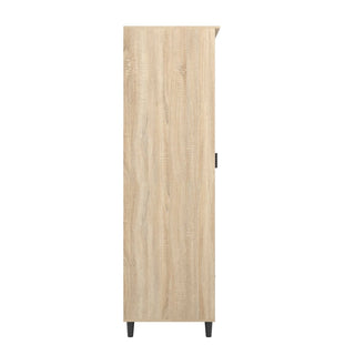 A side view of the CHOICEWARDROBE Stockholm 1 Door Wooden Wardrobe in a 50cm natural oak finish with a modern chevron design, featuring a drawer and standing on four short black legs. The front and internal features are not visible.