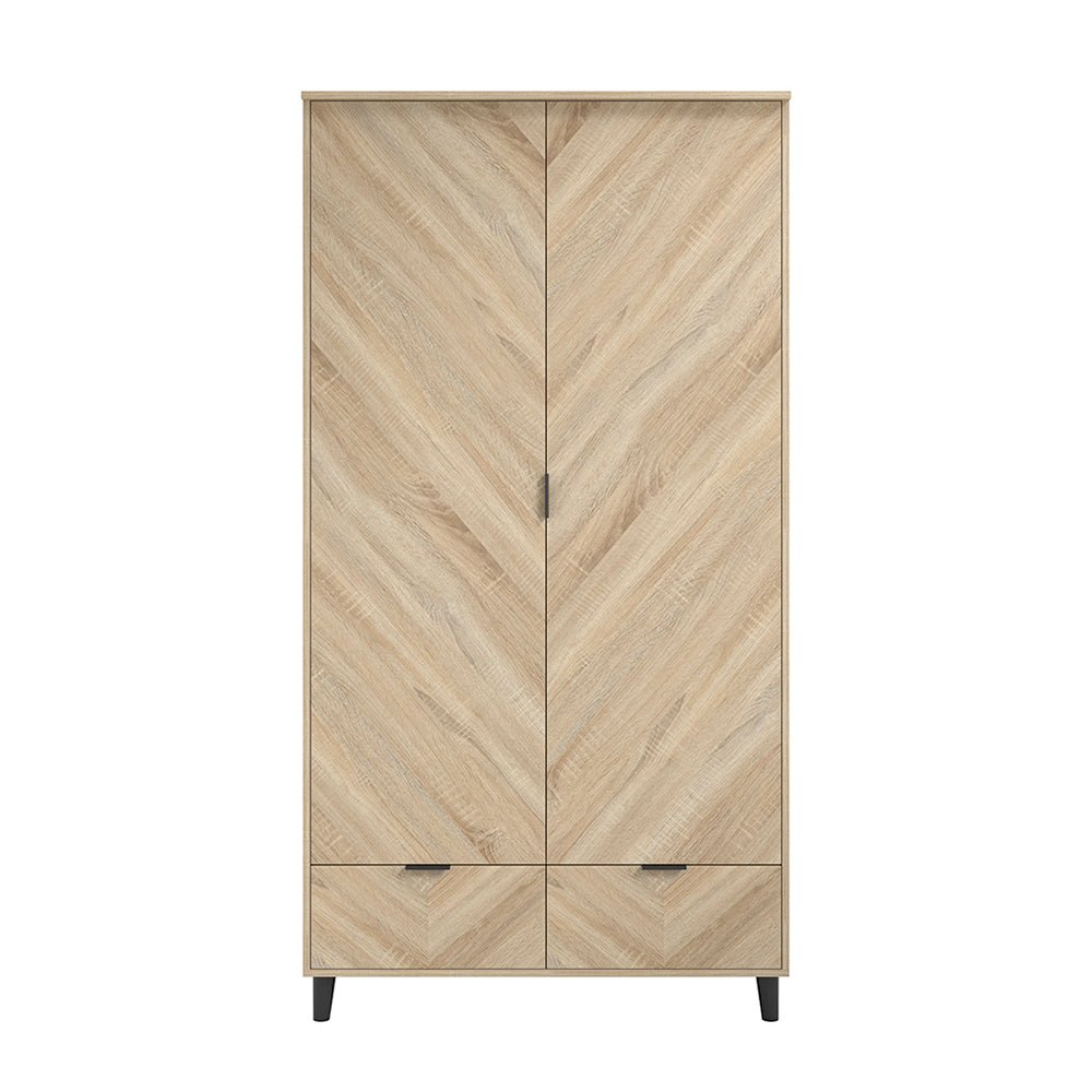 Sonoma oak chevron wardrobe with 2 doors, 2 drawers, and black legs