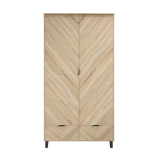 The CHOICEWARDROBE Stockholm 100cm Chevron-Design Wardrobe features 2 chevron-patterned doors, 2 bottom drawers, and black legs in a stylish Sonoma oak finish.