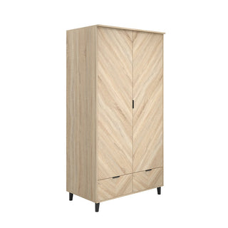 The CHOICEWARDROBE Stockholm 100cm Chevron-Design Wardrobe features 2 doors, 2 drawers, a chevron pattern in Sonoma Oak, black handles, and black angled legs for a modern Scandinavian minimalist look.