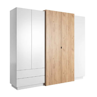 The CHOICEWARDROBE Sturgis 230cm sliding wardrobe in white & oak features four doors, shelves, drawers, and a hanging rail for stylish bedroom storage. All doors are closed for a sleek and modern look.