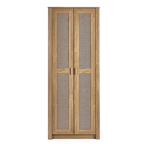 Oak and rattan 2-door wardrobe with natural finish, Boho-modern style.