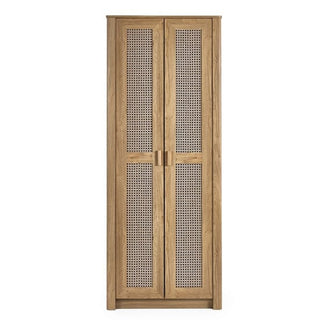 The CHOICEWARDROBE Sumter Oak & Rattan 2 Door Wardrobe features a tall oak frame, woven cane panels, simple handles, and a boho modern design, shown here against a white background.