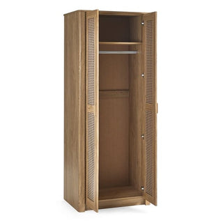 The CHOICEWARDROBE Sumter Oak & Rattan 2 Door Wardrobe features a natural wooden frame, woven cane panels, two open slatted doors, a single metal hanging rod, and a lower shelf—ideal for fans of boho modern oak bedroom furniture.