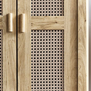 Close-up of the CHOICEWARDROBE Sumter Oak & Rattan 2 Door Wardrobe, showcasing its natural wooden frame and woven cane panels—a perfect fit for boho modern bedroom styles or anyone seeking oak furniture with organic textures.