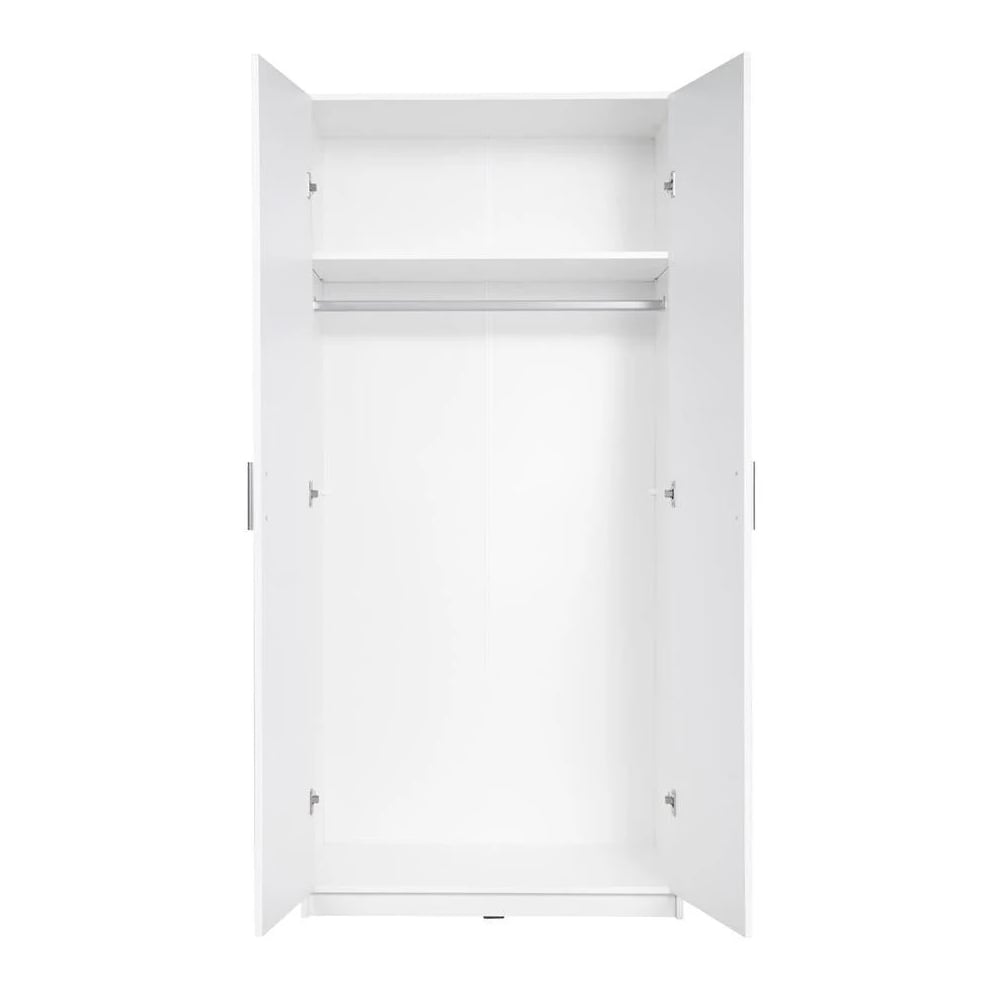Interior view of CHOICEWARDROBE Swift white high gloss 2 door wardrobe with hanging rail and two shelves.