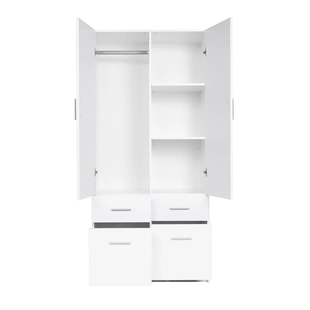 CHOICEWARDROBE Swift white high gloss 2 door wardrobe interior with hanging rail, shelves, and four drawers.