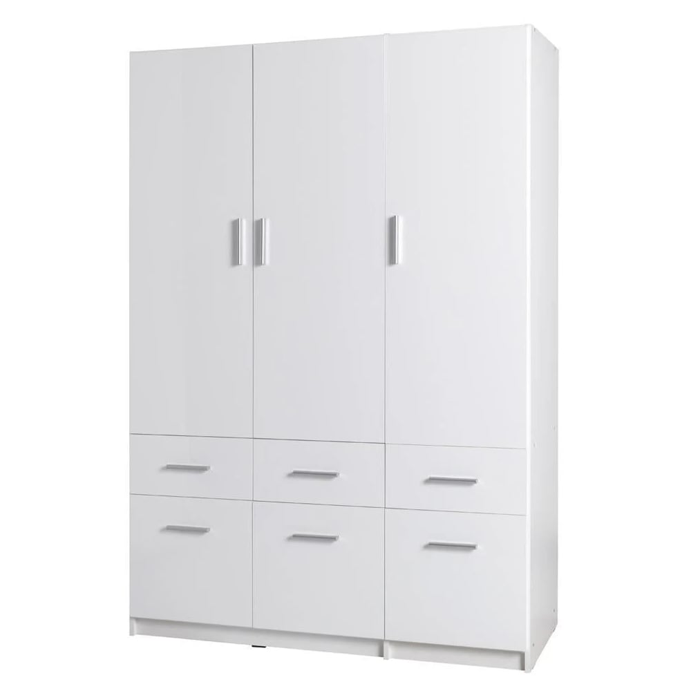 White high gloss 3-door wardrobe with 6 drawers and silver handles, 136 cm wide.