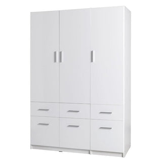 The CHOICEWARDROBE Swift 3 Door Wardrobe with 6 Drawers features a modern, minimalist white high gloss finish, silver handles, six bottom drawers, and a flat top surface—ideal for stylish, efficient bedroom storage.