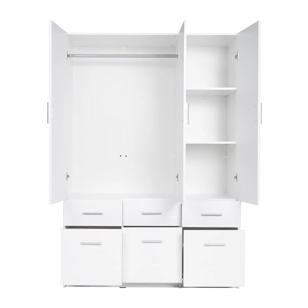 CHOICEWARDROBE 3-door white high gloss wardrobe with open doors showing hanging rail and 6 drawers.