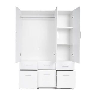 The CHOICEWARDROBE Swift 3 Door Wardrobe features a white high gloss finish, six drawers, and hinged cupboards, offering a chic storage solution for your bedroom.