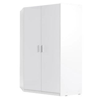 The CHOICEWARDROBE Swift White High Gloss Corner Wardrobe features a two-door, space-saving hinged design with hanging and shelves. Its minimalist look and simple handles make it an ideal modern storage solution for stylish bedrooms.