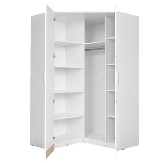 The CHOICEWARDROBE Swift White High Gloss Corner Wardrobe features 2 hinged doors, side shelves, and a central hanging rod for ample bedroom storage. Its space-saving design is shown empty against a plain background.