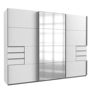 The CHOICEWARDROBE Sylven 3 Door Sliding Mirrored Wardrobe in a white finish features a modern luxury design with multiple drawers, panels, and a central sliding mirrored section for minimalist style. 270cm wide.
