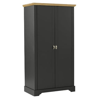The CHOICEWARDROBE Talox is a 100cm grey painted wooden 2-door wardrobe with an oak top, silver handles, flat base with cut-out front detail, and features classic bedroom storage including a hanging rail.
