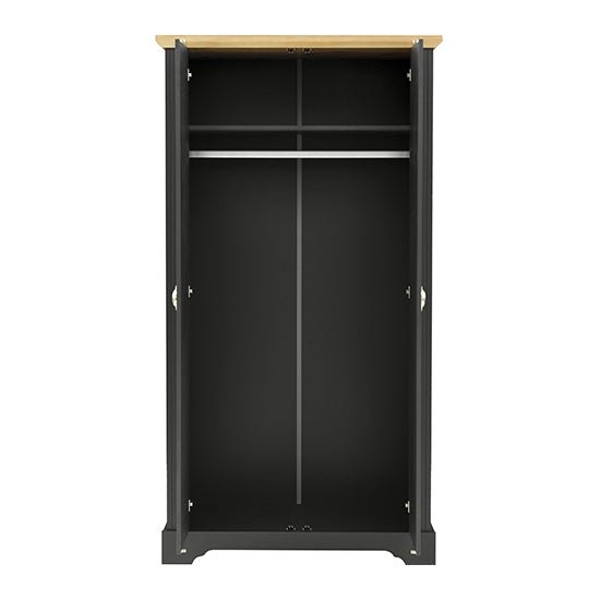 CHOICEWARDROBE Talox 100cm 2-door grey painted wardrobe with oak top, empty interior with hanging rail.