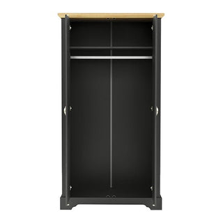 The CHOICEWARDROBE Talox 100cm Grey Painted Wooden 2 Door Wardrobe with Oak Top features a classic design, an empty interior with a single top shelf and hanging rail, and light oak detailing on its top edge.