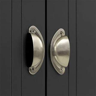 Close-up of two brushed metal cup handles on the CHOICEWARDROBE Talox 100cm Grey Painted Wooden 2 Door Wardrobe with Oak Top, showing classic vertical panels and neat central meeting of both doors.
