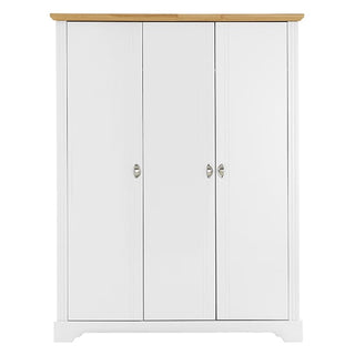 The CHOICEWARDROBE Talox 142cm white painted wooden 3 door wardrobe features an oak top, classic silver handles, shelves, and dual hanging rails, shown on a flat base against a plain background.