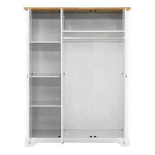 The CHOICEWARDROBE Talox 142cm White Painted Wooden 3 Door Wardrobe with Oak Top offers classic bedroom storage, featuring left-side shelves and dual hanging rails in a stylish, functional design.