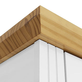 Close-up of the CHOICEWARDROBE Talox 142cm White Painted Wooden 3 Door Wardrobe's oak top, showcasing precise joinery and natural wood grain detail on the crown molding.