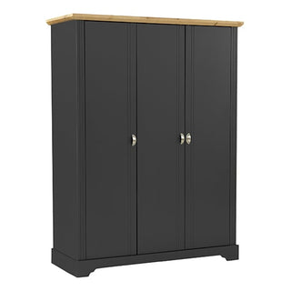 The CHOICEWARDROBE Talox 3 Door Wardrobe features a classic country style in grey with an oak top, offering elegant bedroom storage against a white background.