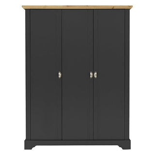 The CHOICEWARDROBE Talox 3 Door Wardrobe features a grey finish with an oak top, silver handles, and classic country style. Its simple, modern design offers practical bedroom storage, shown here against a plain white background.