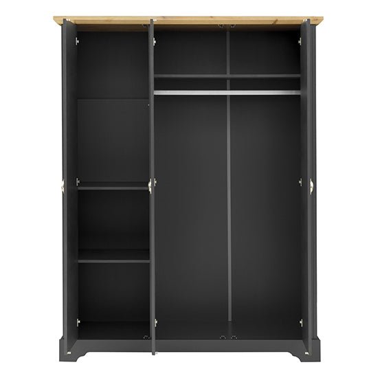 CHOICEWARDROBE Talox 3 door wardrobe in grey with oak top, open view showing hanging rail and shelves.