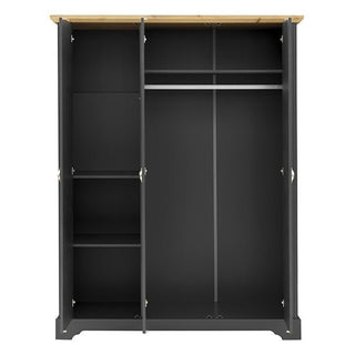 The CHOICEWARDROBE Talox 3 Door Wardrobe in grey with an oak top offers classic country style, featuring a hanging rail on the right, shelves on the left, and spacious compartments inside for organized bedroom storage.