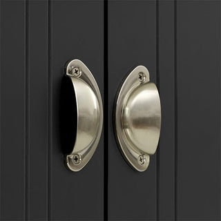 Close-up of two brushed metal cup pull handles on the CHOICEWARDROBE Talox 3 Door Wardrobe – Grey with Oak Top, showcasing classic country style and vertical grooves. The handles are mounted side by side on adjoining doors.