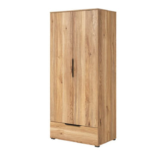 The CHOICEWARDROBE Tarzana 2 Door Wardrobe with Bottom Drawer in Mauvella Oak (86cm wide) features a natural wood grain finish and black handles—ideal for stylish bedroom storage.