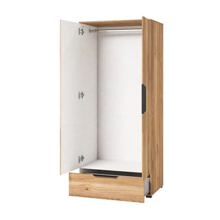 The CHOICEWARDROBE Tarzana 2 Door Wardrobe in Mauvella Oak (86cm wide) reveals bedroom storage with a hanging rod and a bottom drawer, featuring a light-colored interior that contrasts beautifully with its oak finish.
