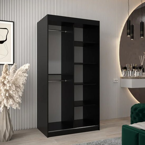 CHOICEWARDROBE Tavira 100cm black 2 door sliding wardrobe with hanging rail and shelves.
