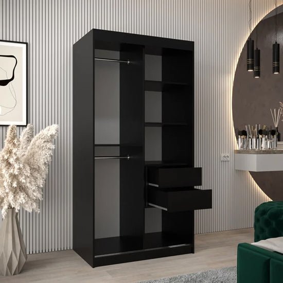 Black 2 door sliding wardrobe with matte finish and internal shelves and hanging rail
