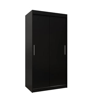 The CHOICEWARDROBE Tavira 100cm Black 2 Door Sliding Wardrobe features a modern matte finish, silver handles, shelves, and hanging rail—ideal for contemporary spaces and space-saving storage against any white background.
