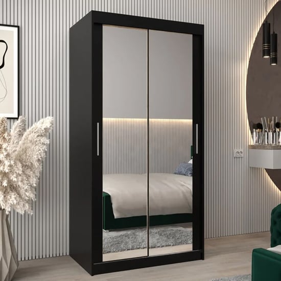 CHOICEWARDROBE Tavira 100cm black sliding door wardrobe with 2 mirrored doors.