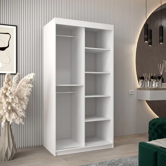 CHOICEWARDROBE Tavira 100cm white sliding door wardrobe interior with shelves and hanging rail.