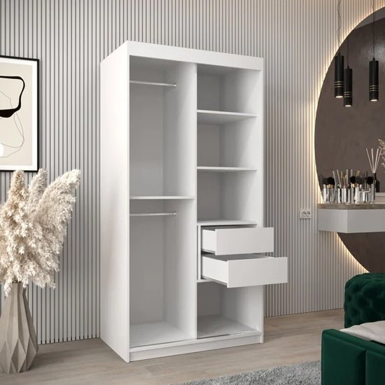 White 100cm sliding door wardrobe interior with shelves and hanging rails.