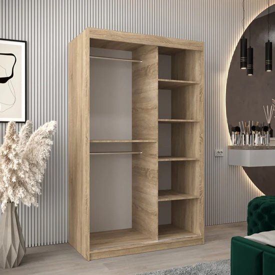 CHOICEWARDROBE Tavira 120cm Sonoma Oak sliding door wardrobe, two doors open showing shelves