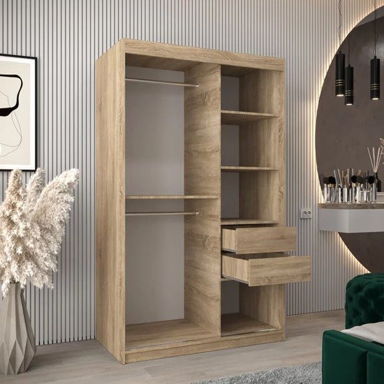 CHOICEWARDROBE Tavira 120cm Sonoma Oak sliding door wardrobe, open with shelves and hanging rails